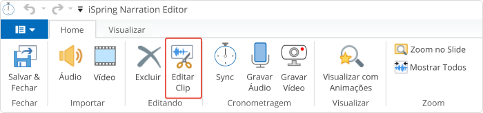 Botão Editar Clipe na barra de ferramentas do Editor de Vídeo