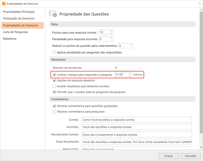 Limitar o tempo para responder à pergunta Limitar o tempo para responder à pergunta