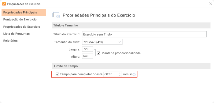 Tempo para completar o teste