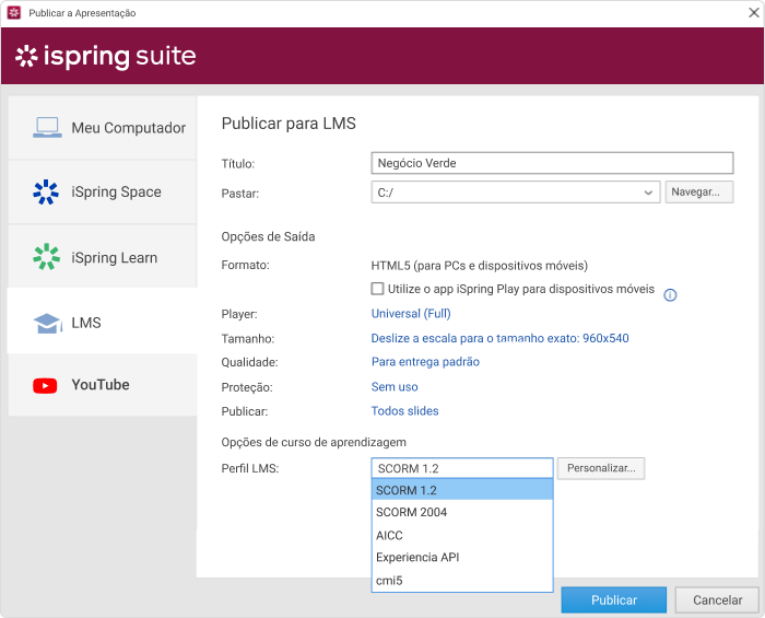 Opções de publicação do iSpring Suite Opções de publicação do iSpring Suite