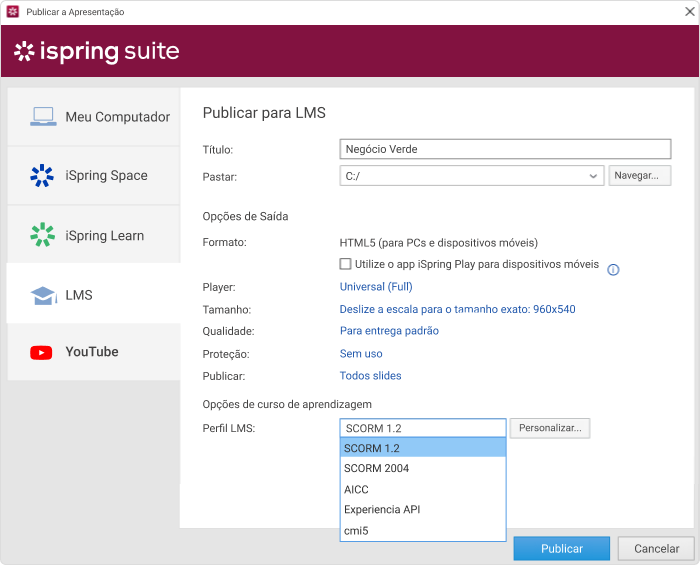 Opções de publicação do iSpring Suite