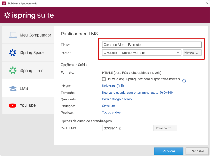 Escolha a guia LMS para converter seu arquivo PPT em SCORM 