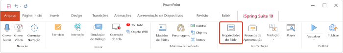 Botão de propriedades do slide no iSpring Suite