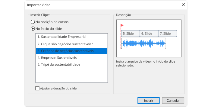 Transformar powerpoint em vídeo: janela de Importação vídeo no iSpring Suite