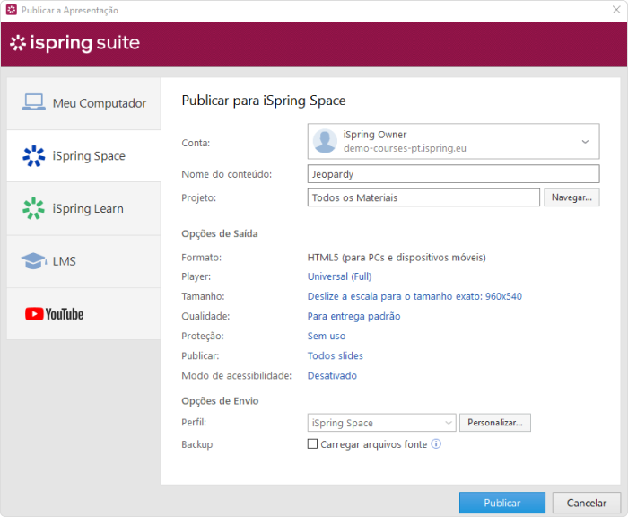 Publicando no iSpring Space