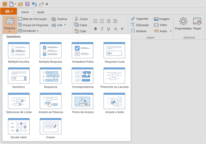 Perguntas no iSpring Suite Perguntas no kit de ferramenta de autoria iSpring Suite