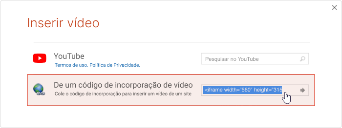 Colando o código de incorporação