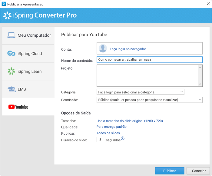 Publicando uma apresentação em vídeo no YouTube