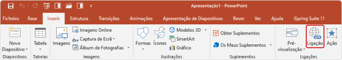 como inserir link no powerpoint: botão Ligação na barra de ferramentas do PowerPoint