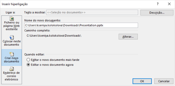 Hiperlink para novo documento no PowerPoint