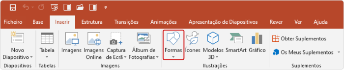 Botão Formas na barra de ferramentas do PowerPoint