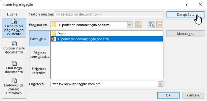 Botão Decrição na janela de edição do hiperlink