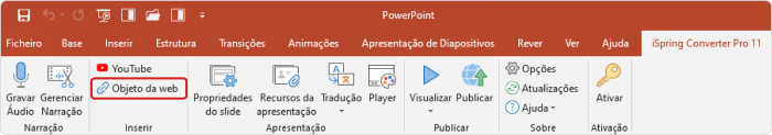 Botão Objeto da web na barra de ferramentas do iSpring Converter Pro