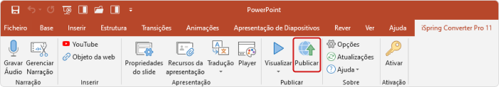 Botão Publicar na barra de ferramentas do iSpring Converter Pro