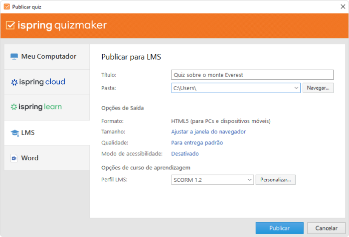 Publicando um quiz no iSpring Suite