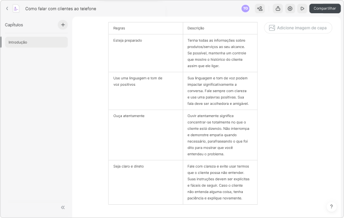 Exemplo de tabela criada com a IA do iSpring