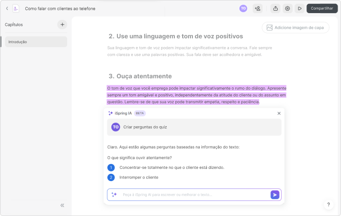 Criar perguntas do quiz no iSpring Page