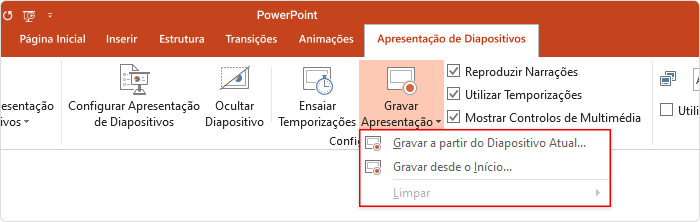 Opções de gravação de apresentação no PowerPoint Como colocar áudio no PowerPoint desde o início ou do slide atual