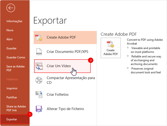Botão de Criar um vídeo no PowerPoint Criando um vídeo