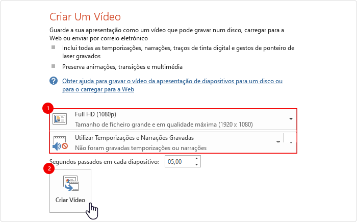 Opções de criação de vídeo no PowerPoint Narrações e Tempos de Vídeo