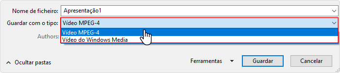 Selecionando formato e o local para salvar a apresentação narrada Salvando o vídeo no computador