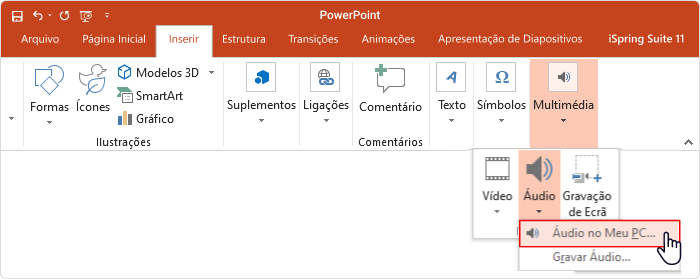Botão Áudio no PowerPoint Inserindo um áudio já gravado