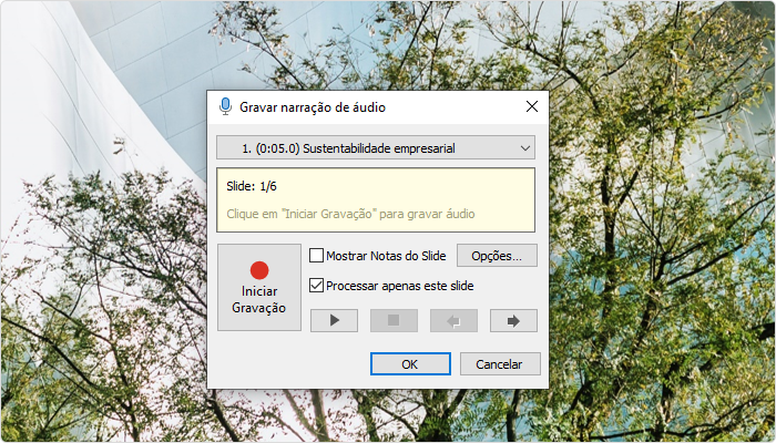 O menu para gravar áudio Opções de gravação
