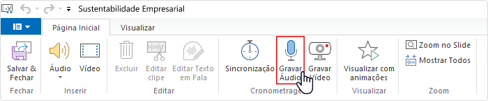 Botão Gravar Áudio Gravando áudio no iSpring Suite