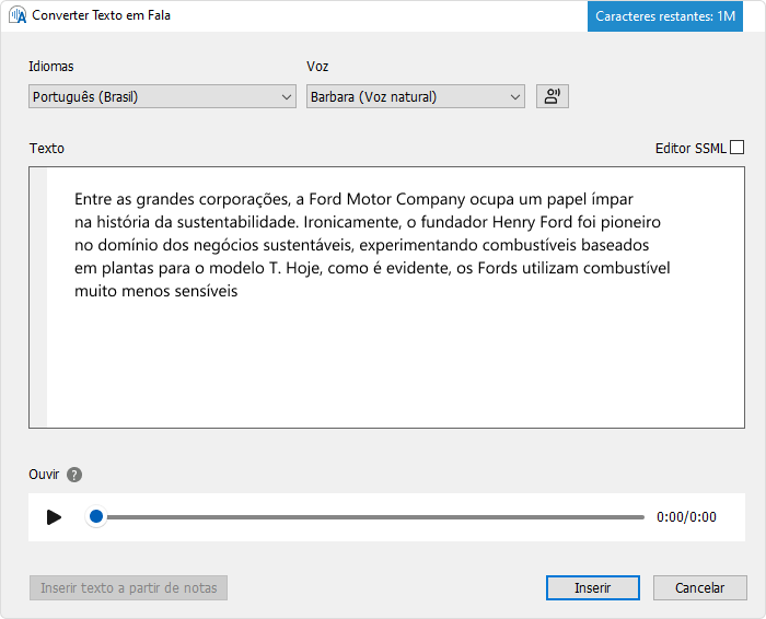 Tela de conversão de texto em fala Converter Texto em Fala