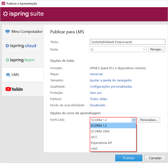 Opções de curso de aprendizagem Finalizando publicação de apresentação