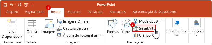 Botão SmartArt Como fazer linha do tempo no PowerPoint 2019 com SmartArt
