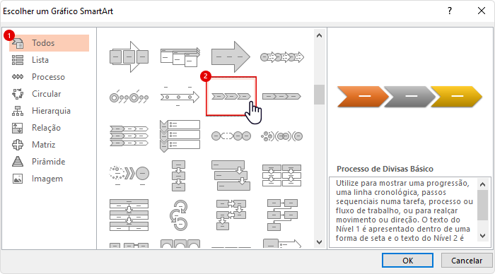 Janela dos gráficos de SmartArt Janela dos gráficos de SmartArt para criar linhas do tempo
