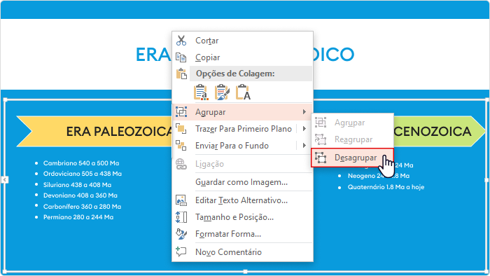 Desagrupando um conjunto de formas Agrupar > Desagrupar no PowerPoint 2013 para um conjunto de formas." title