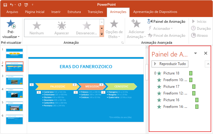 Animações da linha do tempo no PowerPoint 2019.