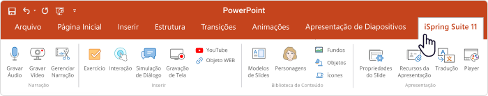 Barra de ferramentas do iSpring Suite Aba do iSpring Suite