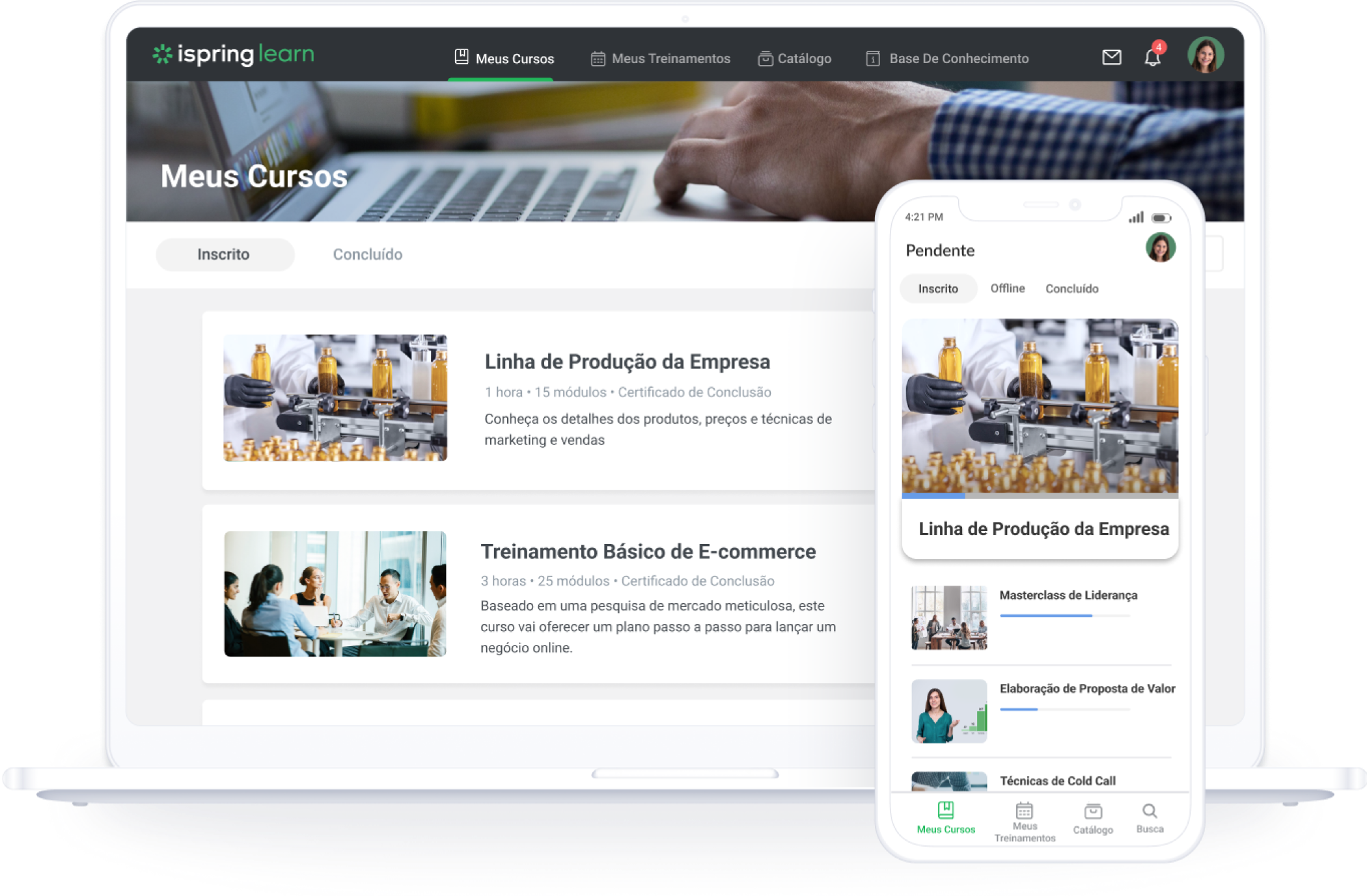 Cursos do iSpring Suite disponíveis no laptop e no celular