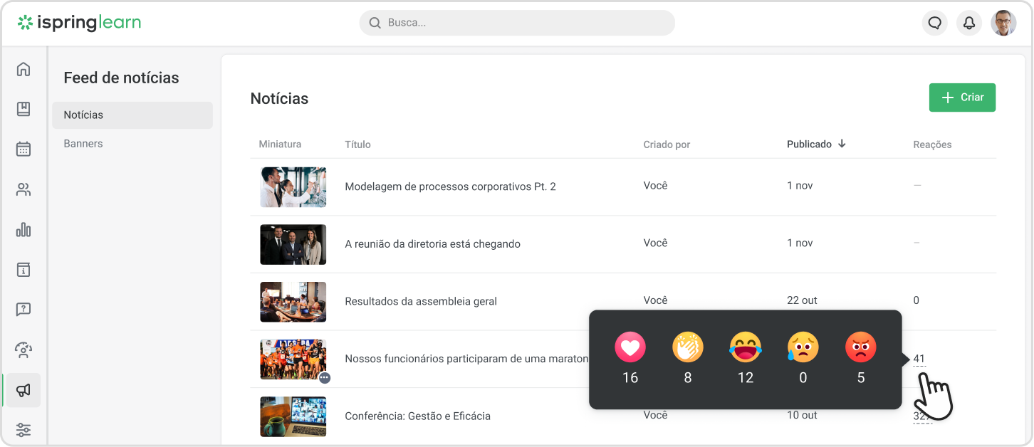 Feed de notícias no iSpring Learn LMS