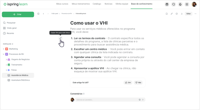 Compartilhamento de seções específicas na Base de conhecimento